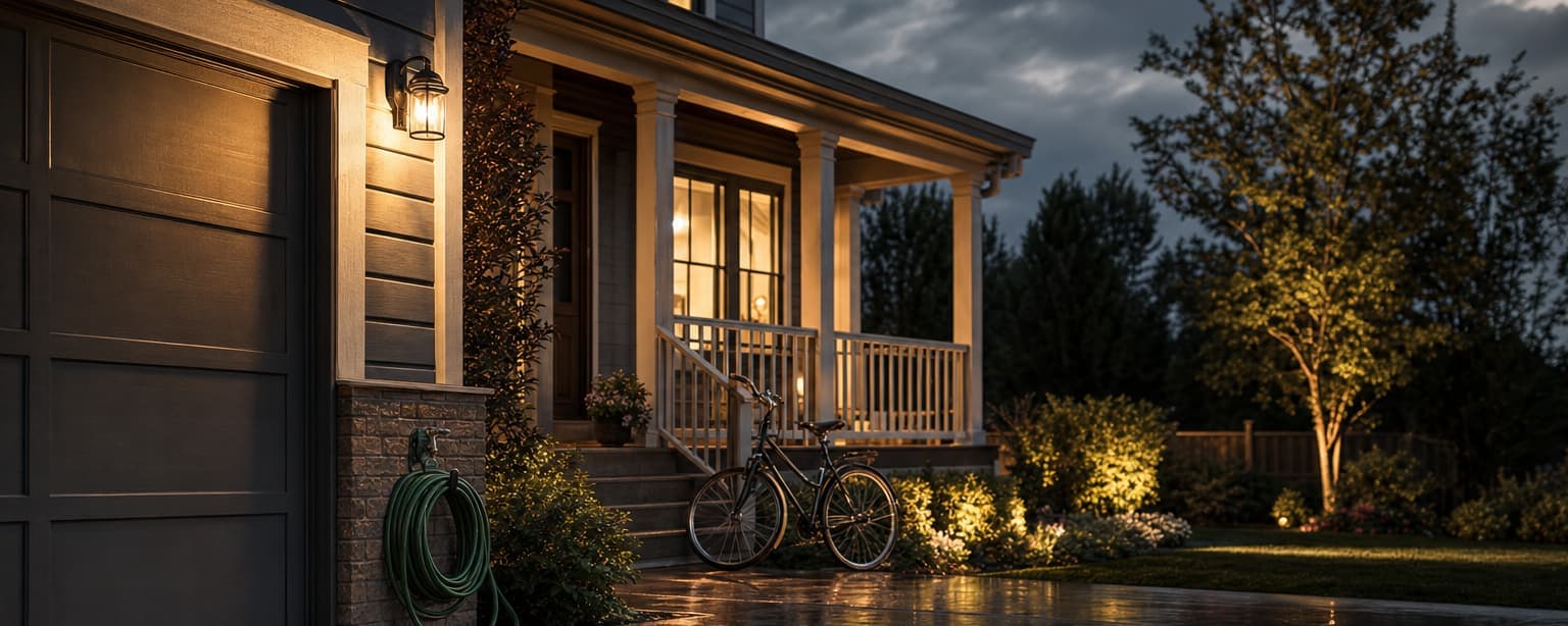 A front porch lit at dusk with a bicycle leaning by the steps, a coiled hose beside the garage and an uplit tree in the yard