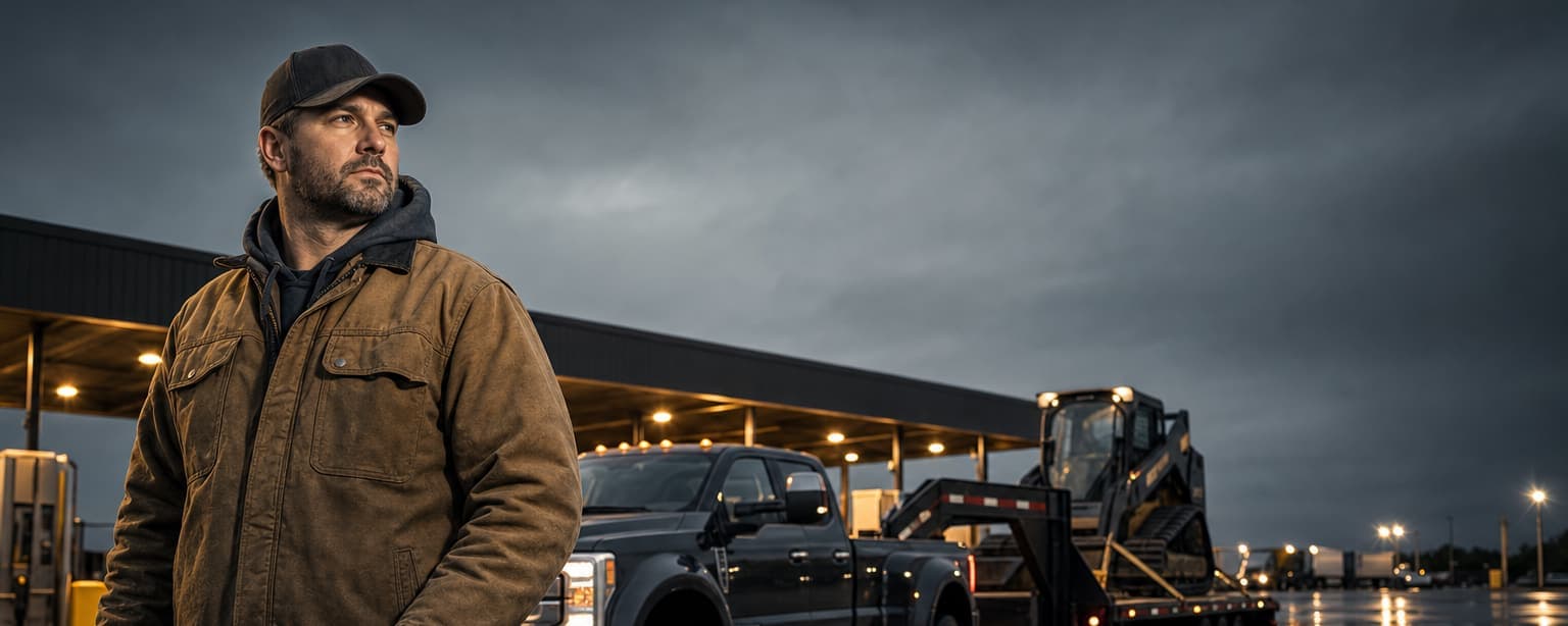 A hot shot driver holding a ratchet strap beside a dually pickup and gooseneck flatbed carrying a skid steer, at a truck stop before dawn