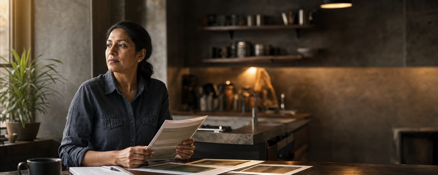 A woman at a kitchen table comparing three agency proposals with a notepad of questions beside her coffee, morning light through the window