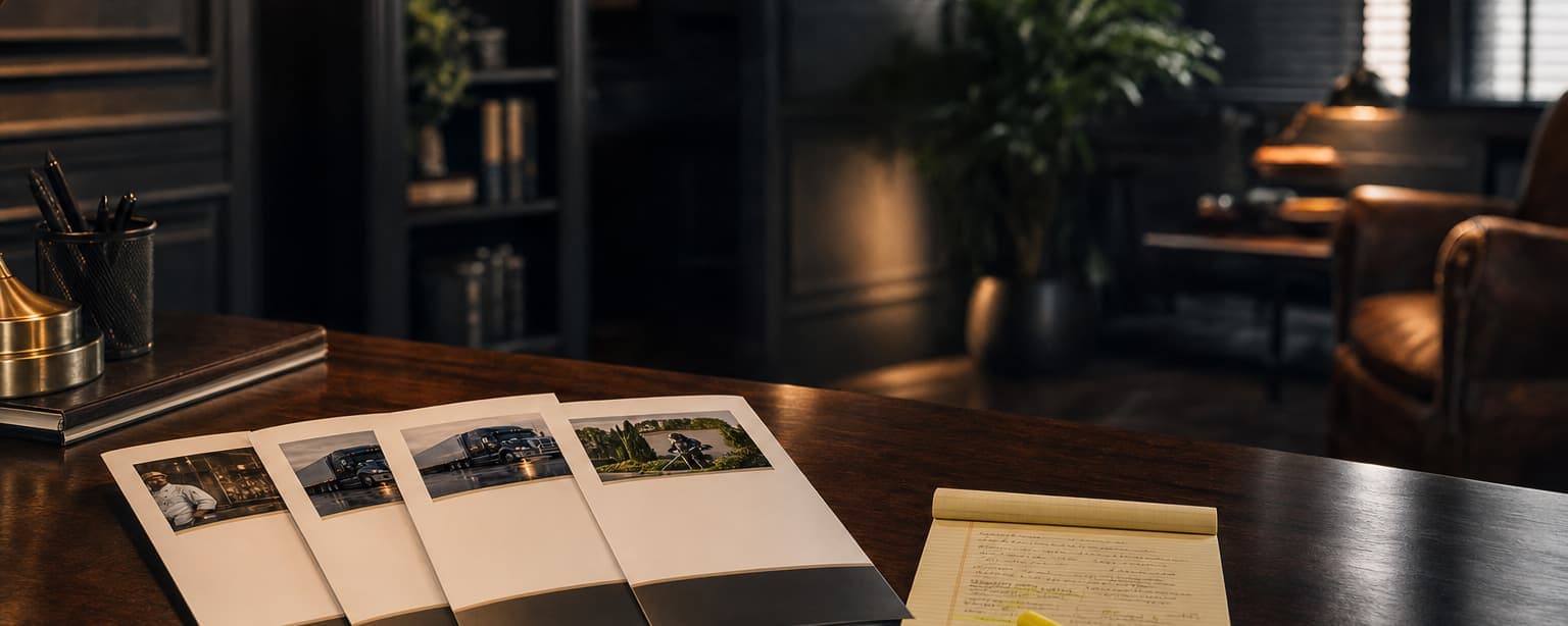 An open binder of quote pages laid out on a desk beside a legal pad and pen under a lamp, an armchair in the dark room behind
