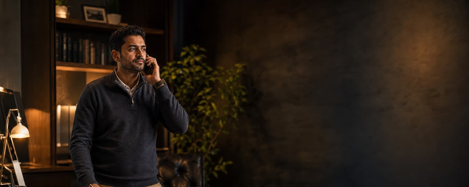 A man in a sweater on the phone at a desk with a printed loss run report fanned out in front of him and a pen in his hand
