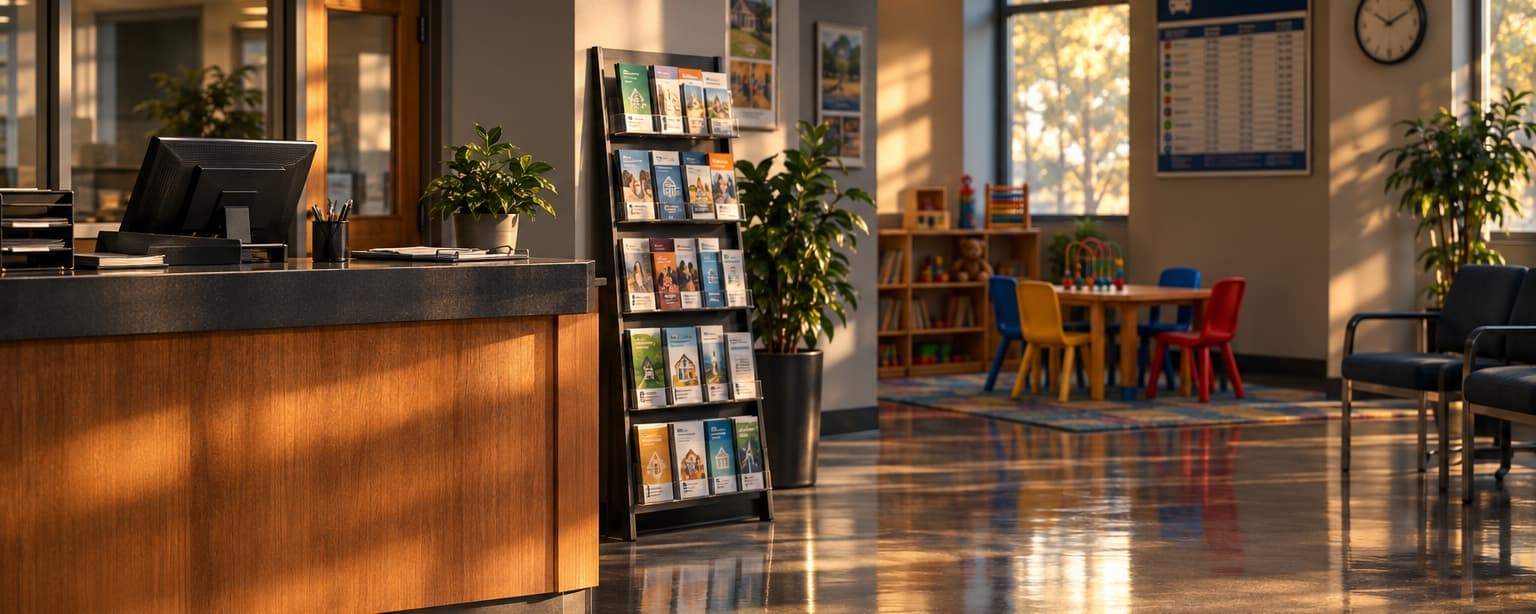 A community services center lobby with an intake desk, a rack of program flyers, a children's corner with small chairs and a bus schedule pinned to the wall