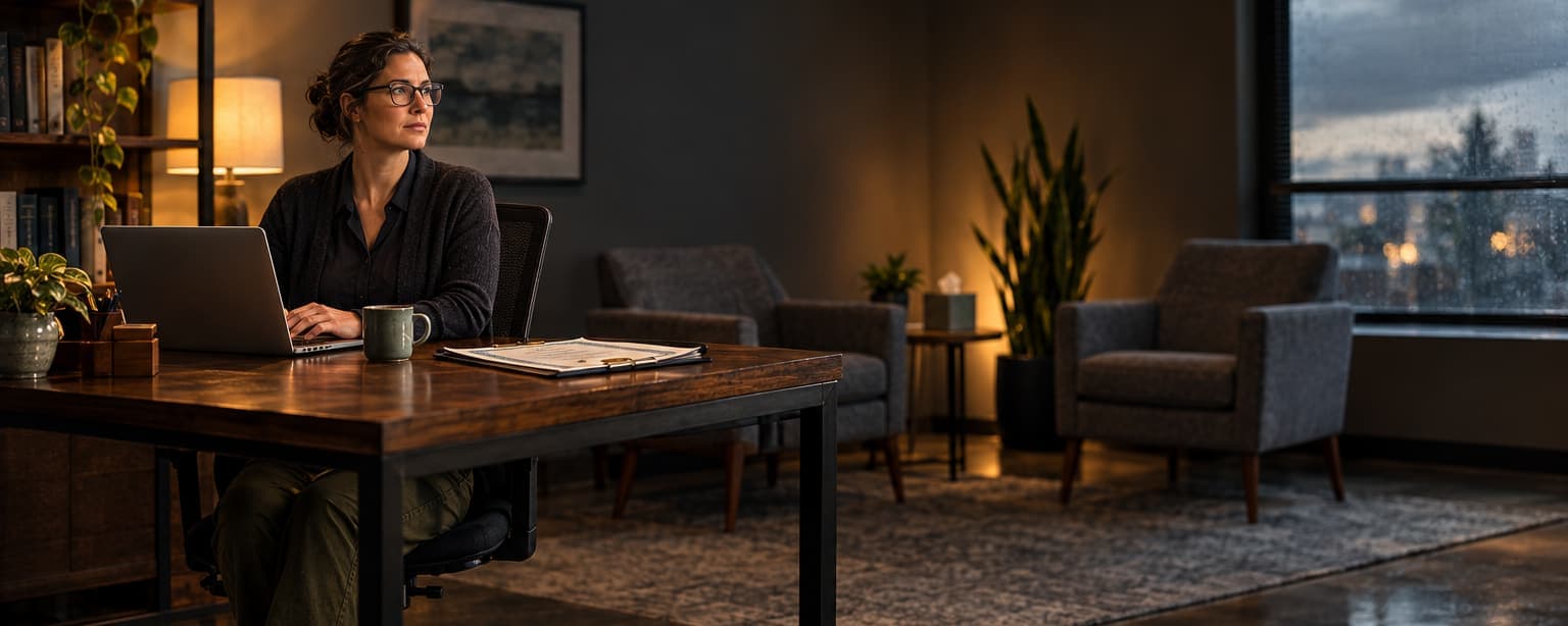 A therapist at a desk in a small private practice office filling out a credentialing application on a laptop, papers beside her and two armchairs by the window behind