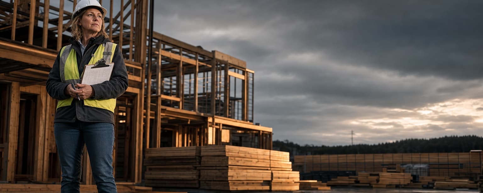 An estimator in a hard hat and hi-vis vest on a construction site with a replacement cost worksheet on a clipboard, framing and stacked lumber behind her