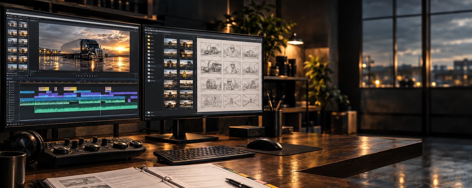 A post-production desk with two monitors, one showing a video edit timeline and a generated truck at sunset, the other a folder of clips and a storyboard grid, a control surface, keyboard and an open binder of storyboards with a pen on it