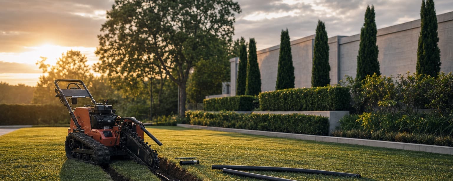 An open irrigation trench cut across a lawn with lengths of pipe and sprinkler heads laid out along it, a walk-behind trencher parked on the verge at golden hour