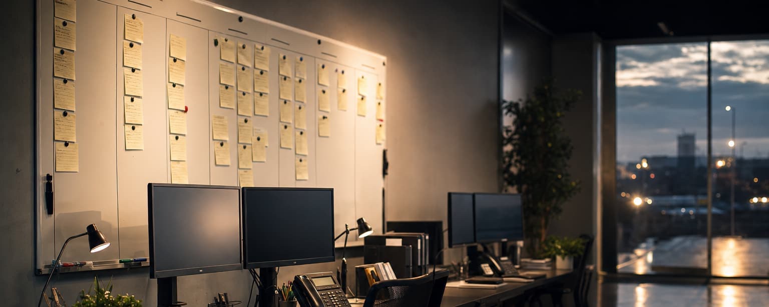 An IT staffing office whiteboard covered in open roles and candidate pipeline columns, desks with phones and dual monitors in front of it in low evening light
