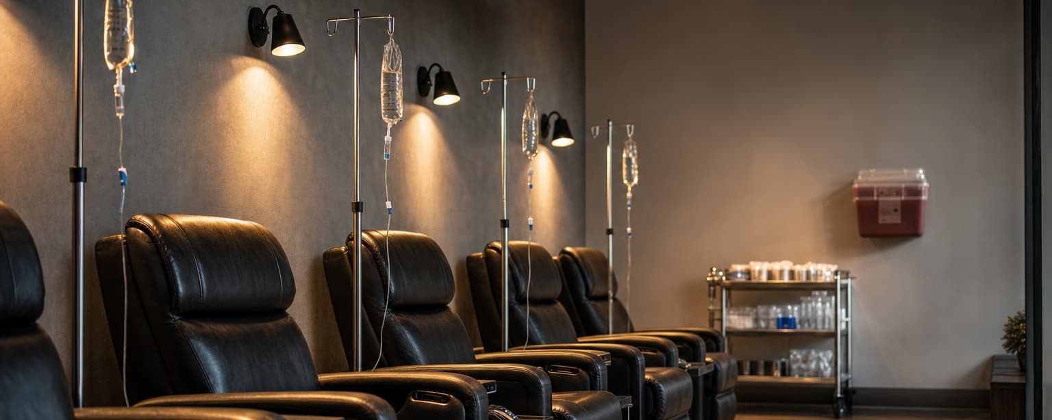 An IV therapy lounge, leather recliners in a row each with an IV pole and hanging bag beside it, a supply cart of tubing and a wall-mounted sharps container