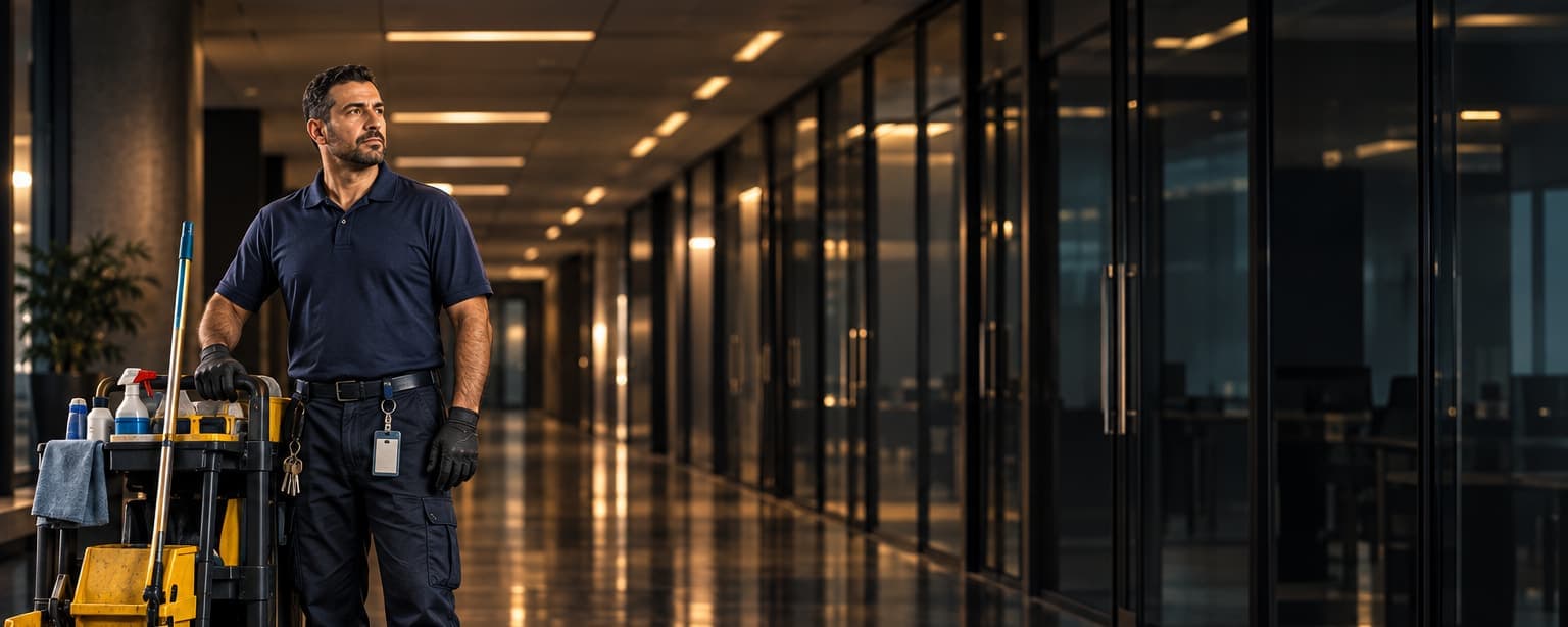 The owner of a commercial cleaning company in a navy polo with a ring of keys and an access badge, beside a janitorial cart in an empty office corridor at night