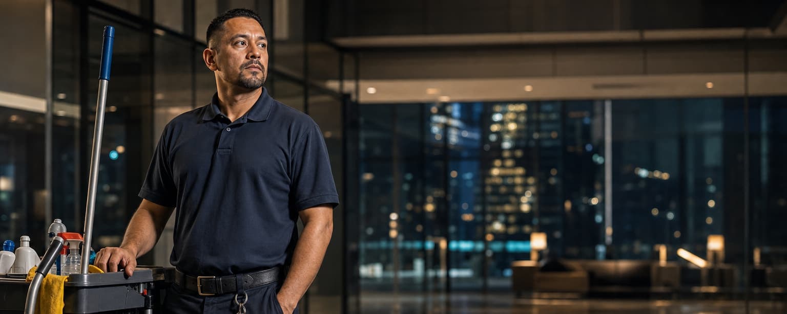 A commercial janitor in a navy uniform polo with one hand on a stocked cleaning cart, alone in a glass-walled office lobby at night with the city lit up behind him