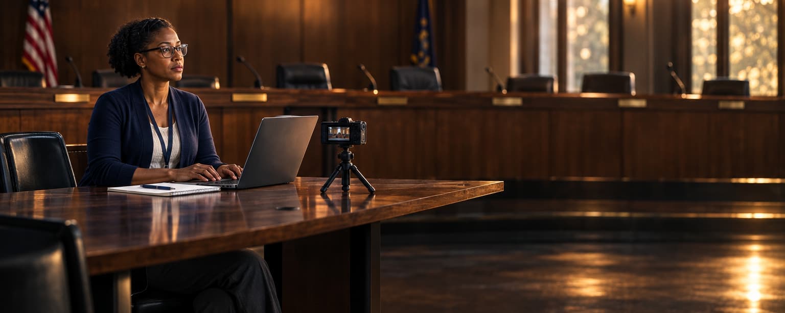 A reporter in glasses and a navy cardigan typing at the press table of a wood-paneled city council chamber, a notebook beside her laptop and a small camera on a tripod recording the empty dais
