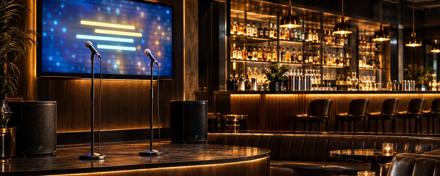 A small karaoke stage in a bar, two microphones on stands and a glowing lyric screen, banquette seating in front of the lit back bar