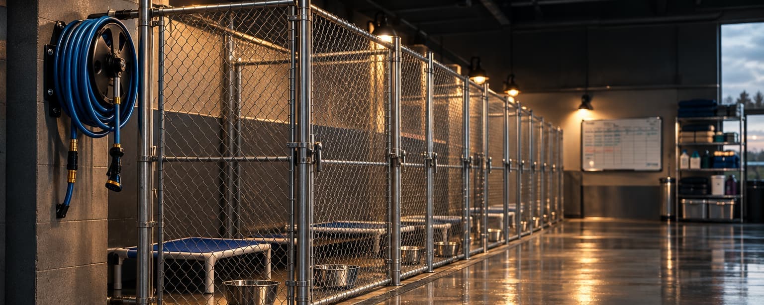 A clean kennel run block, chain-link runs with raised beds and water bowls, a hose reel on the wall and a whiteboard of feeding schedules, no dogs present