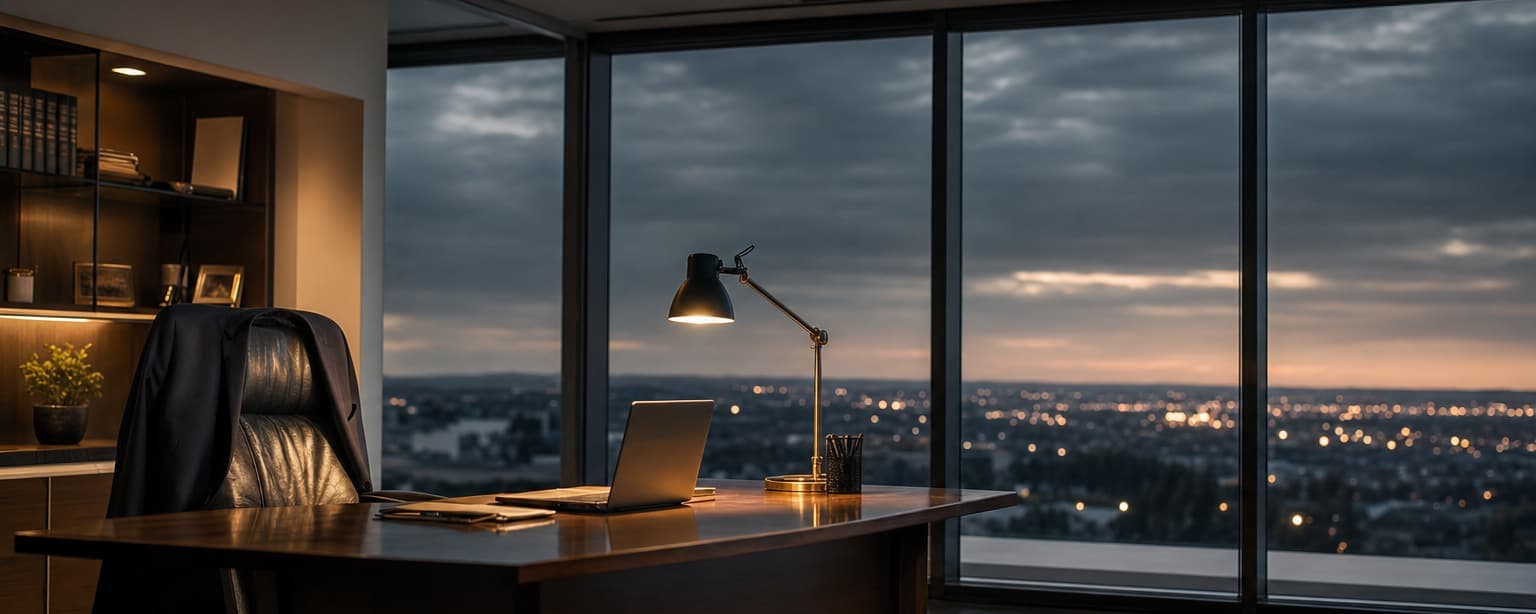A corner office at dusk with an empty chair pulled back from a desk holding a closed laptop, city lights through the glass