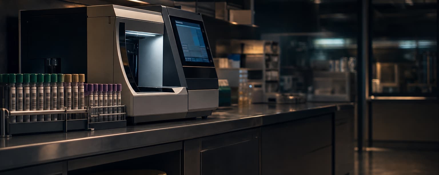 A clinical testing laboratory bench at night, racks of barcoded sample tubes beside an analyzer with its screen glowing and a sealed biohazard bin under the bench