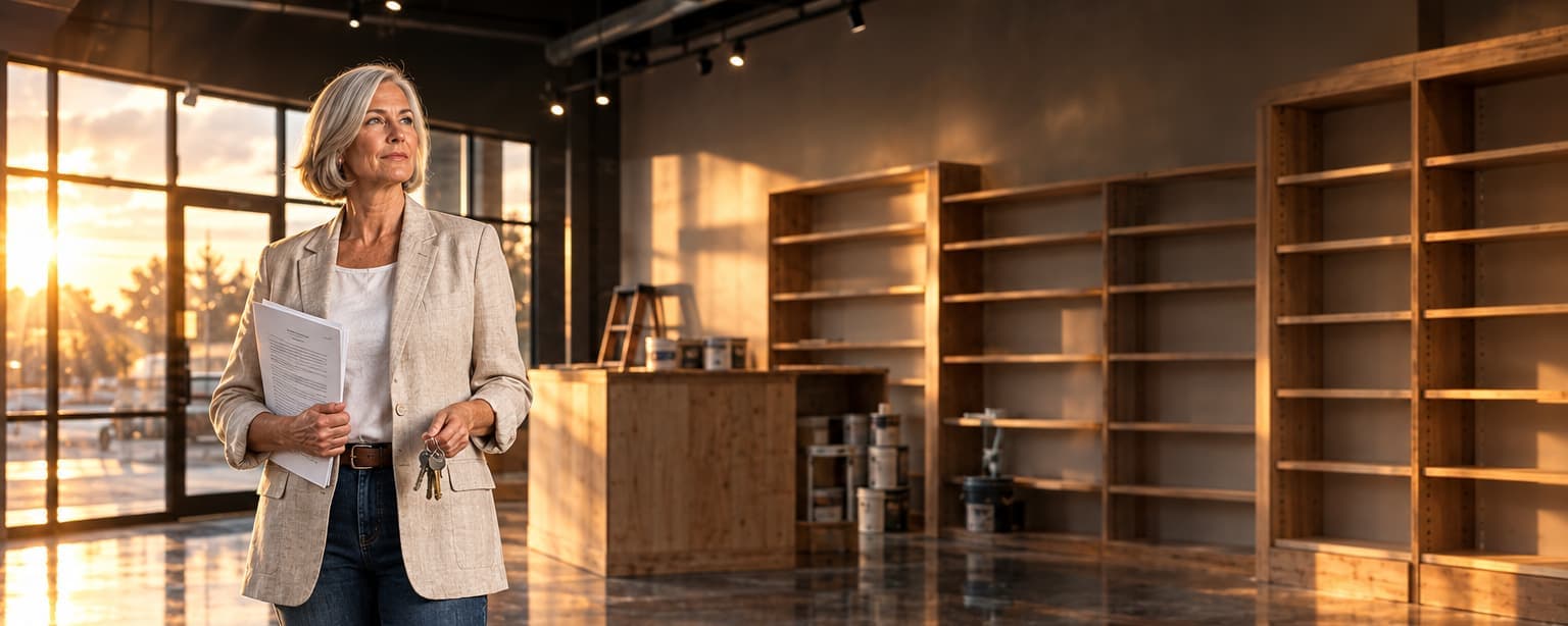 A boutique owner with a silver bob in a linen blazer standing in her newly built-out empty retail space holding a printed lease and a ring of keys, late sun through the storefront glass