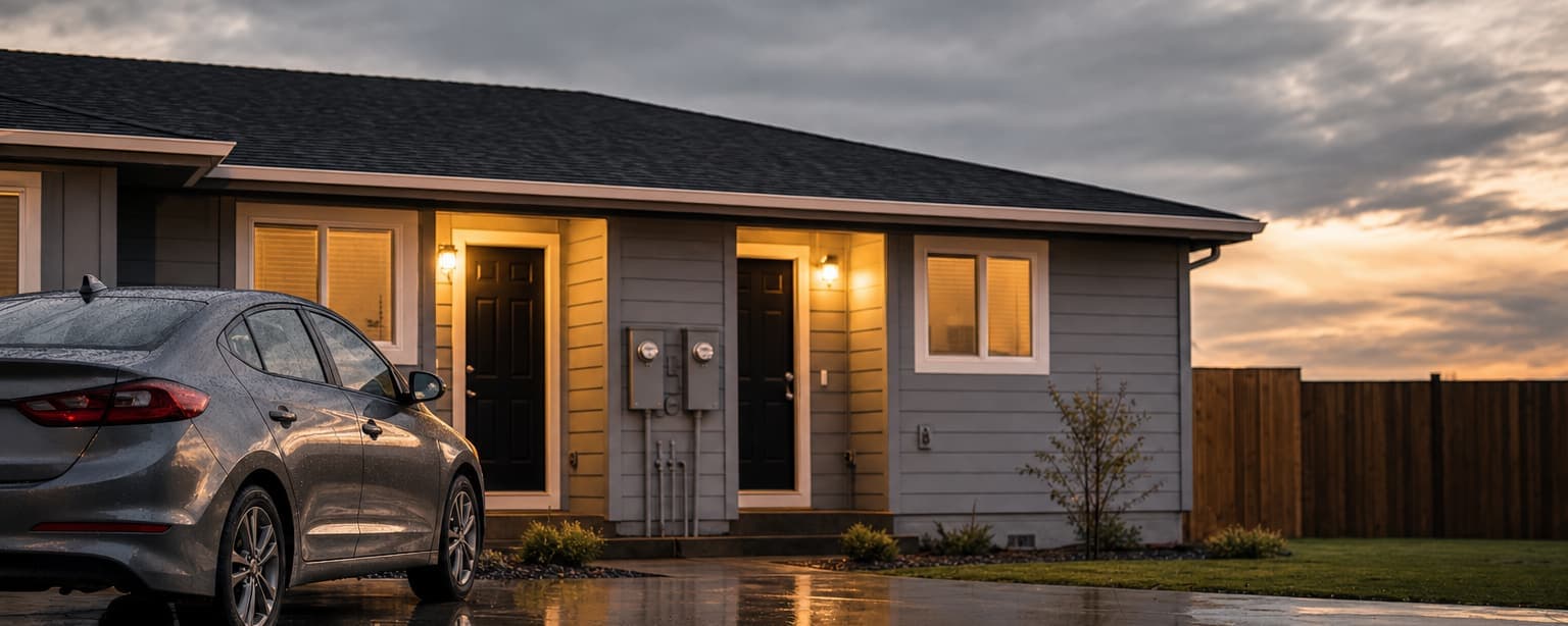 A single-story rental duplex at sunset with two front doors and a pair of utility meters between them, a car parked on the drive