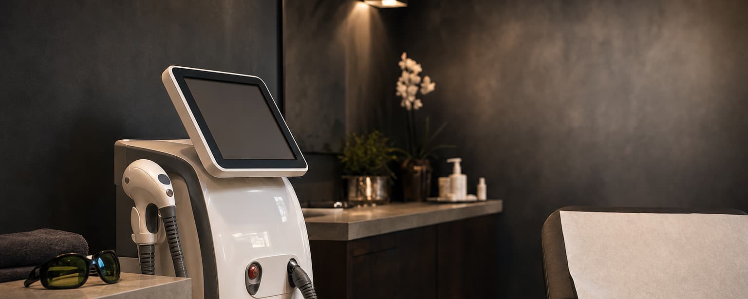 A laser hair removal treatment room, the laser console with its handpiece resting in the cradle, protective eyewear folded on the counter and a paper-covered treatment table
