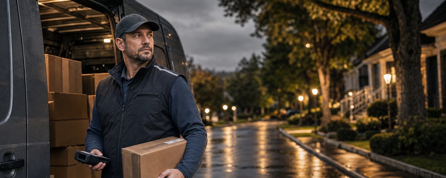 A delivery driver in a company vest holding a parcel and a handheld scanner at the open side door of a cargo van stacked with packages, on a wet suburban street at dawn