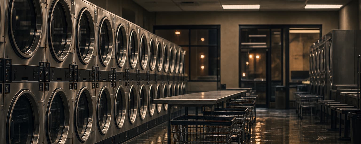 A laundromat at night, rows of front-load washers and dryers under fluorescent light, folding tables and rolling carts down the center aisle and a wet tile floor