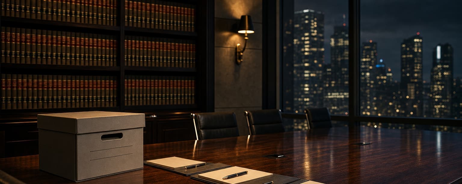 A law firm conference room at night, a long table with a closed banker’s box and legal pads squared up, a wall of bound volumes and city lights through the window