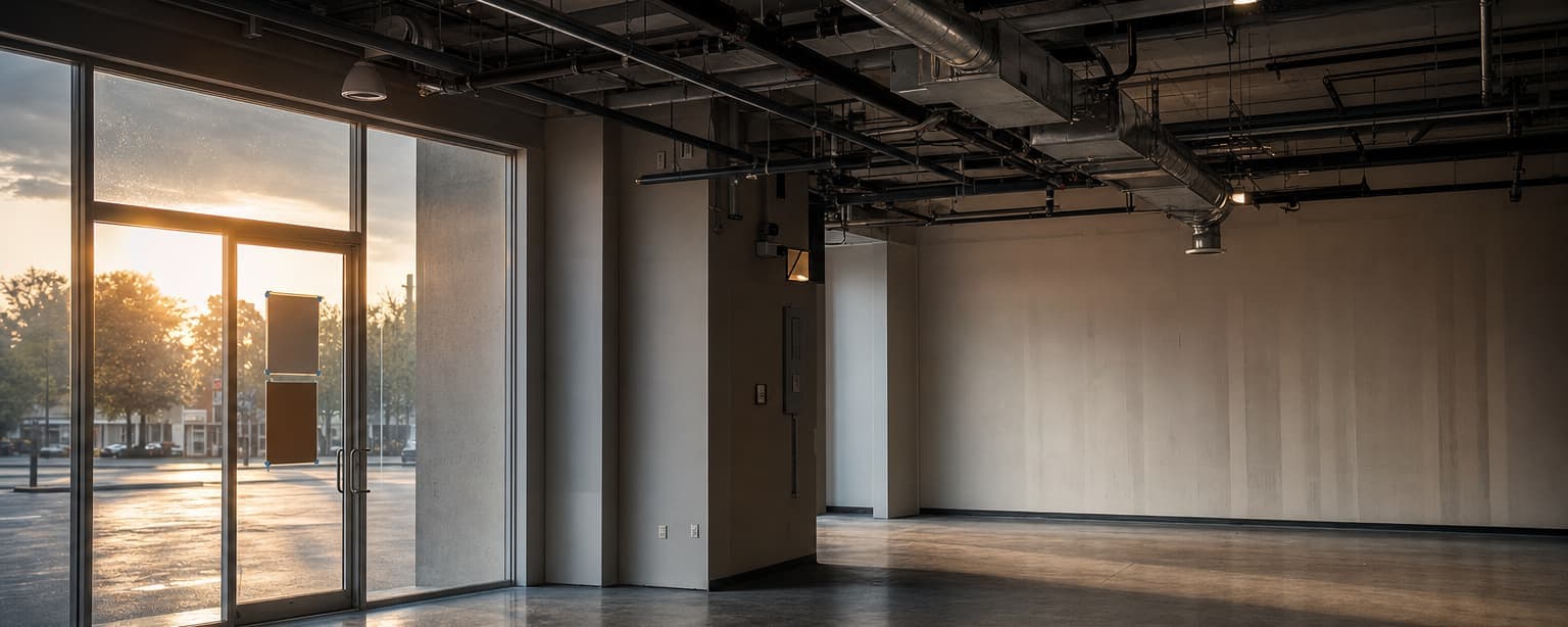 An empty commercial tenant space with bare concrete floor and exposed services, glass frontage onto a lot at sunrise