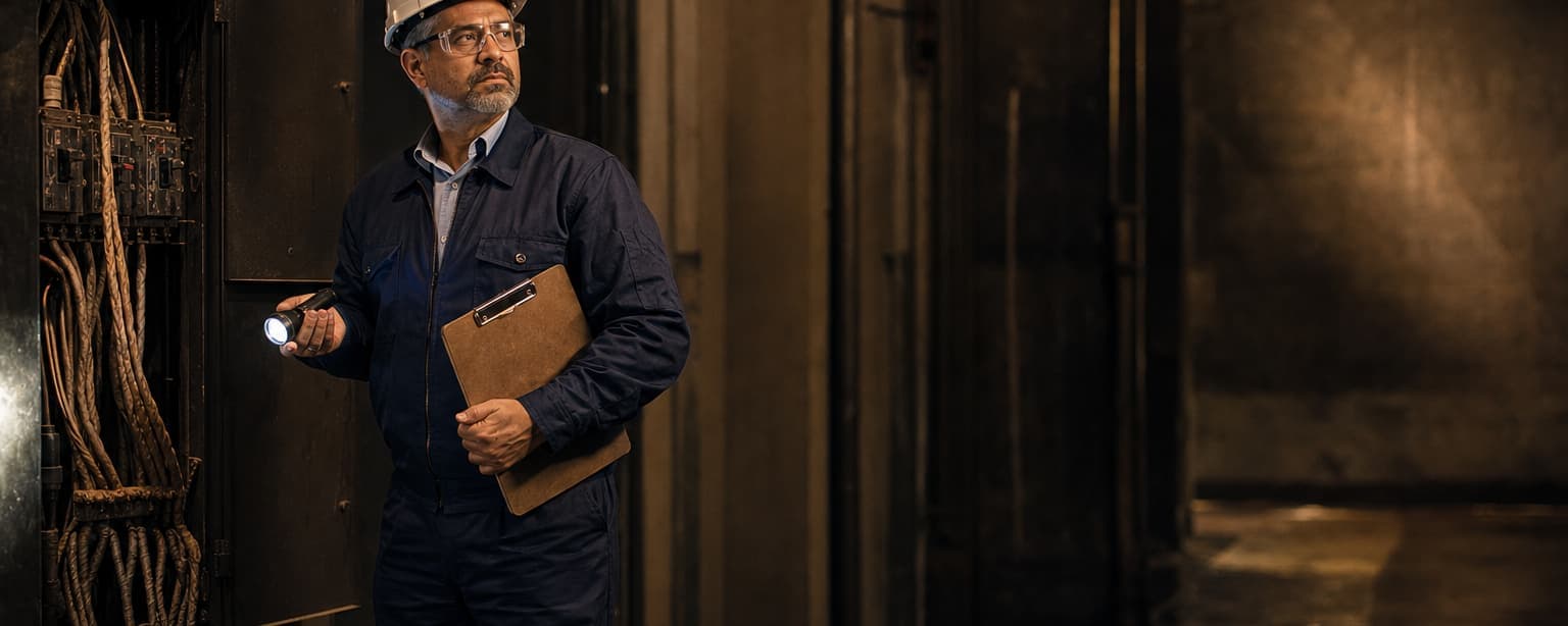 An inspector with a flashlight examining an open electrical panel with old cloth-wrapped wiring in an older commercial building, a clipboard under his arm
