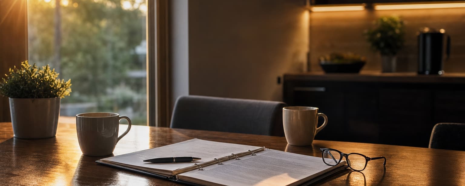 A kitchen table in morning light with two mugs, an open folder of paperwork, a pen and a pair of reading glasses