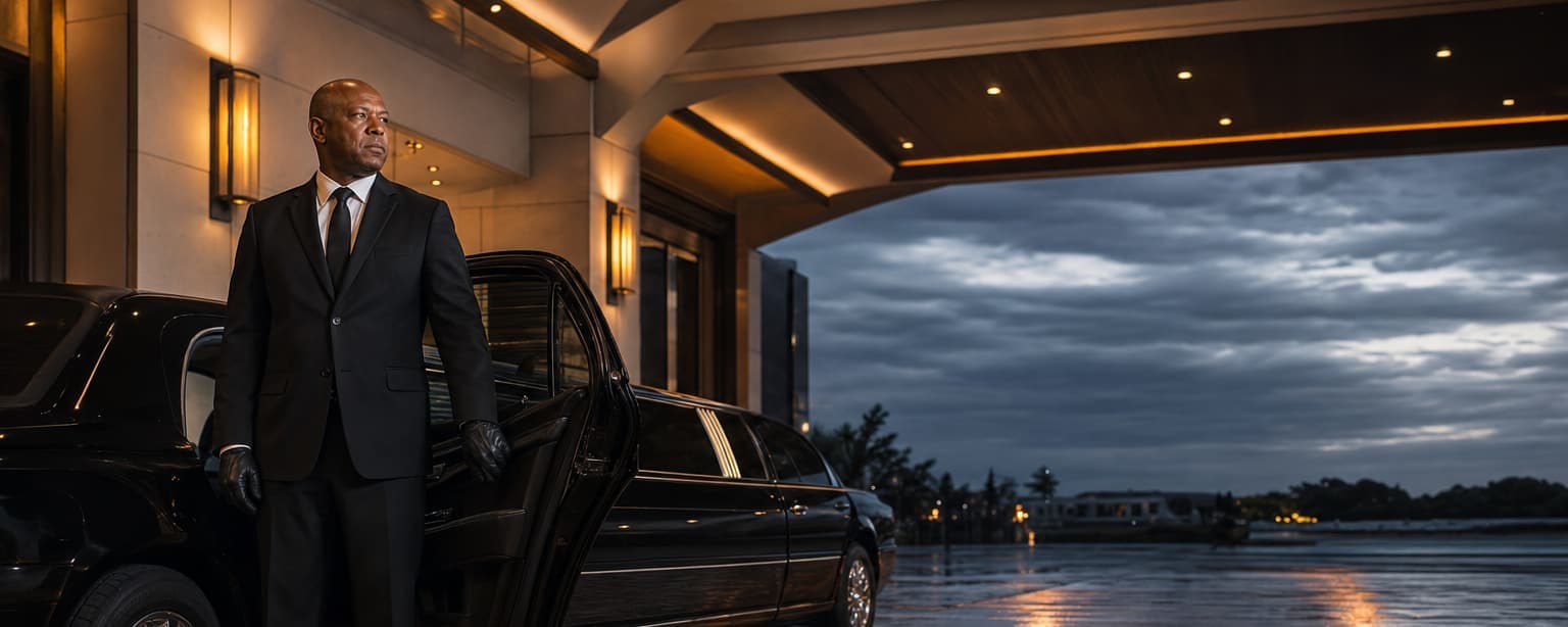 A chauffeur in a black suit and gloves standing at the open rear door of a stretch limousine under a hotel porte-cochère at dusk, wet asphalt reflecting the lights