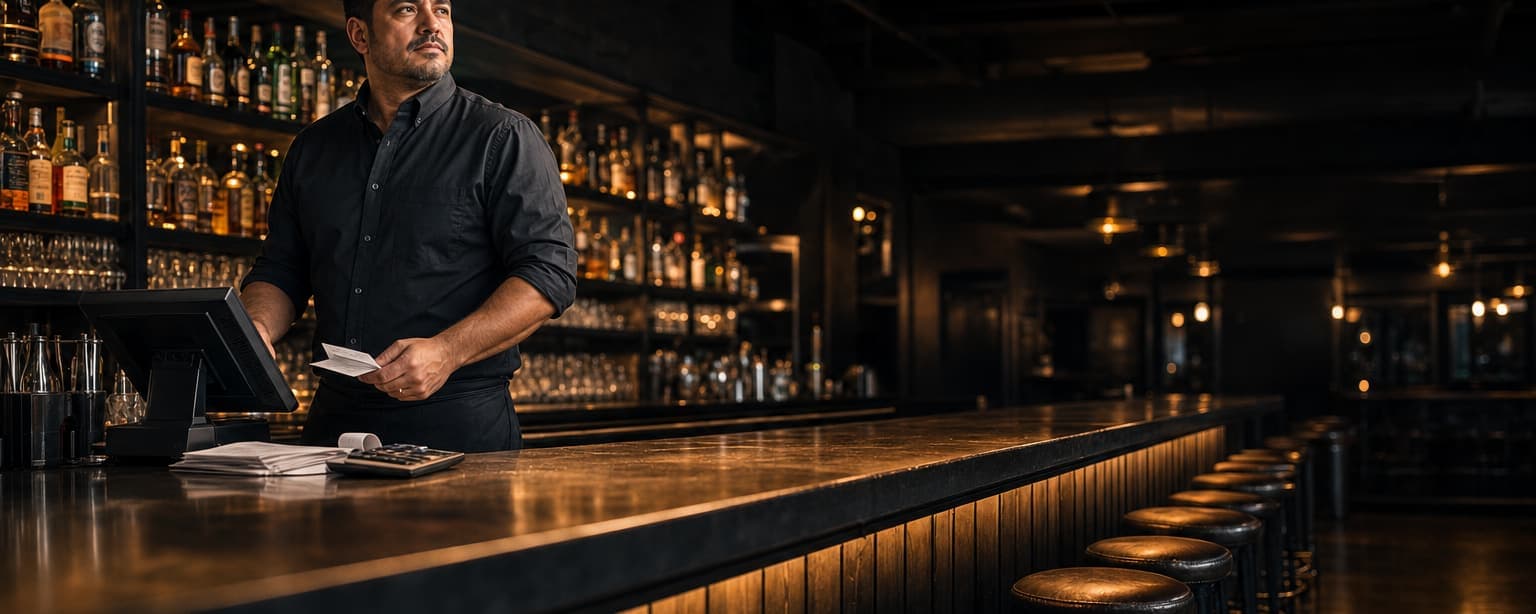 A bar manager reviewing a point-of-sale sales report at the end of the bar with receipts and a calculator beside him, the empty bar lit behind