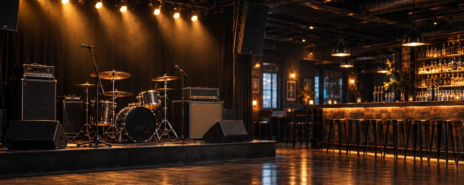 A small live music stage in a bar, amplifiers and a drum kit under warm stage lights, the empty floor in front and the bar along one side