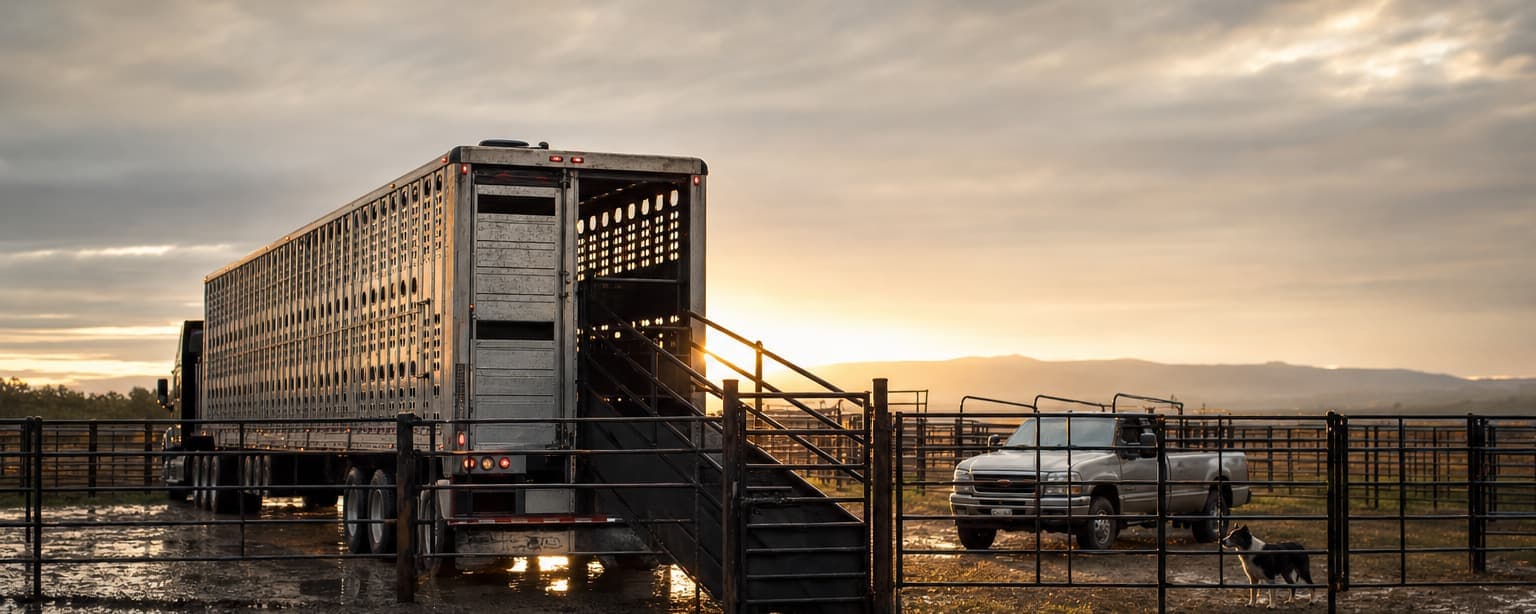 A livestock trailer backed up to a loading chute at sunrise on a wet lot, the chute stairs and steel corral panels alongside, a pickup and a stock dog waiting at the fence line