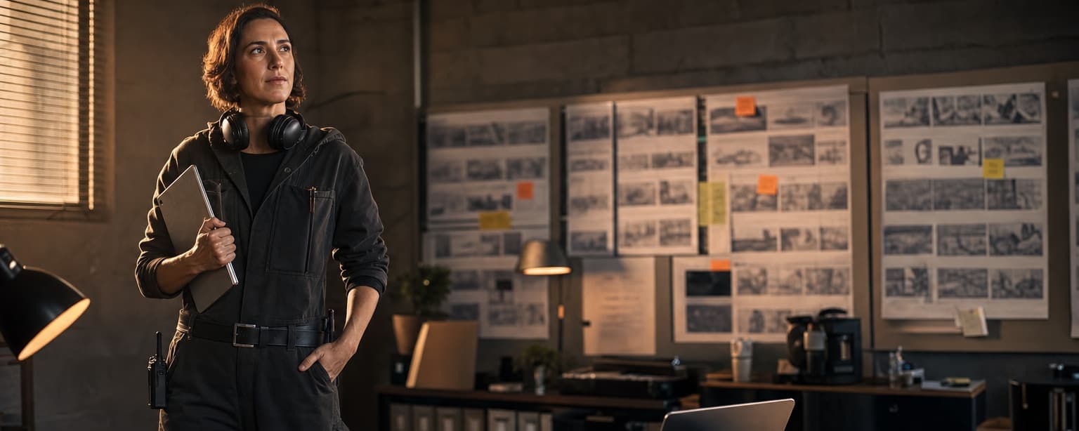 A crew member in coveralls with a headset around her neck holding a laptop in a production office, storyboards and shot lists pinned across the wall behind her