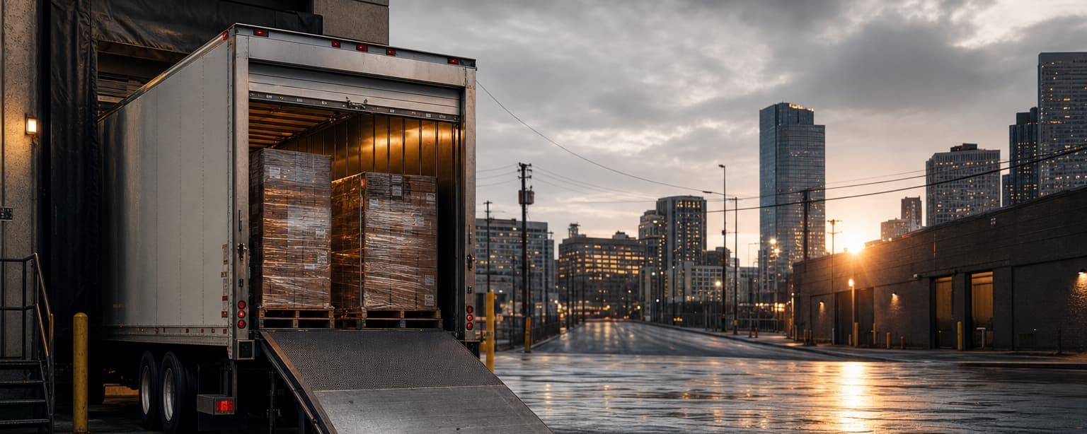 A straight box truck backed to a city loading dock at dawn, roll door up showing palletized freight inside, a dock plate down and an urban street beyond