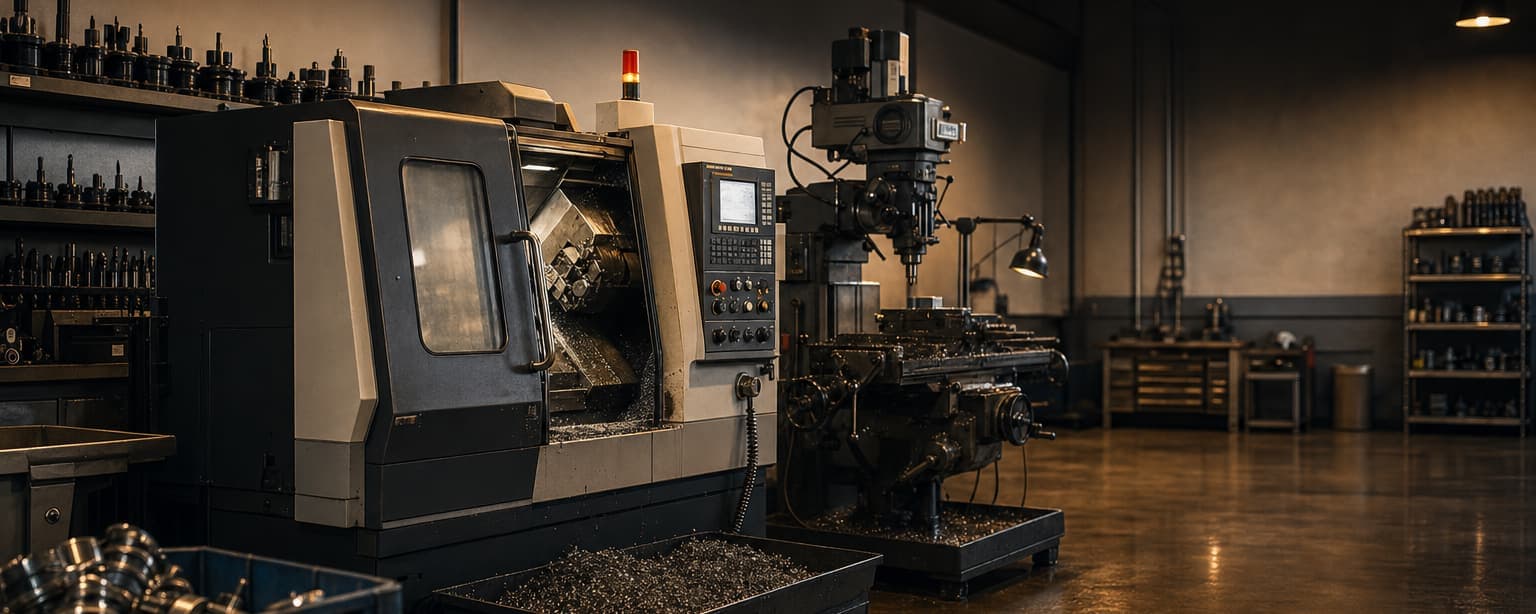 A machine shop with a CNC lathe and a vertical mill, coolant-wet chips filling the tray and finished parts in a bin on the bench, tool holders racked on the wall