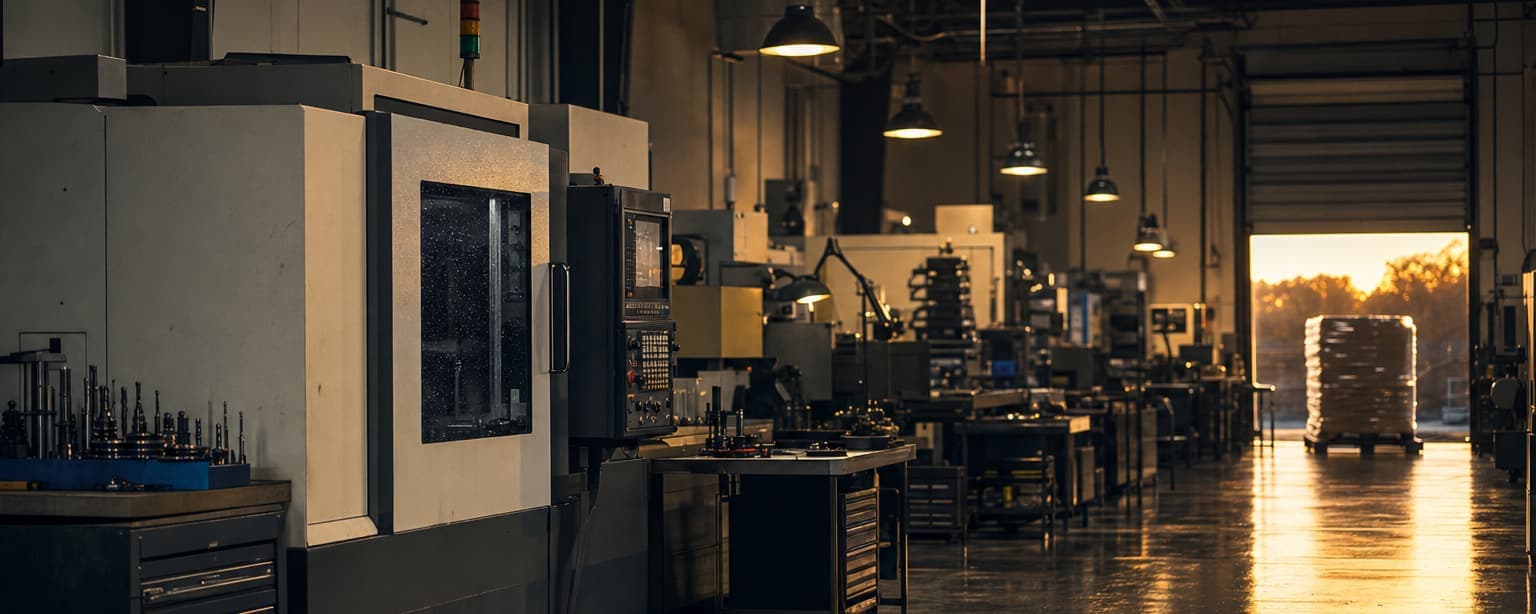 A small manufacturing floor at the end of a shift, CNC machines and assembly benches in rows and a shrink-wrapped pallet of finished parts waiting by the roller door