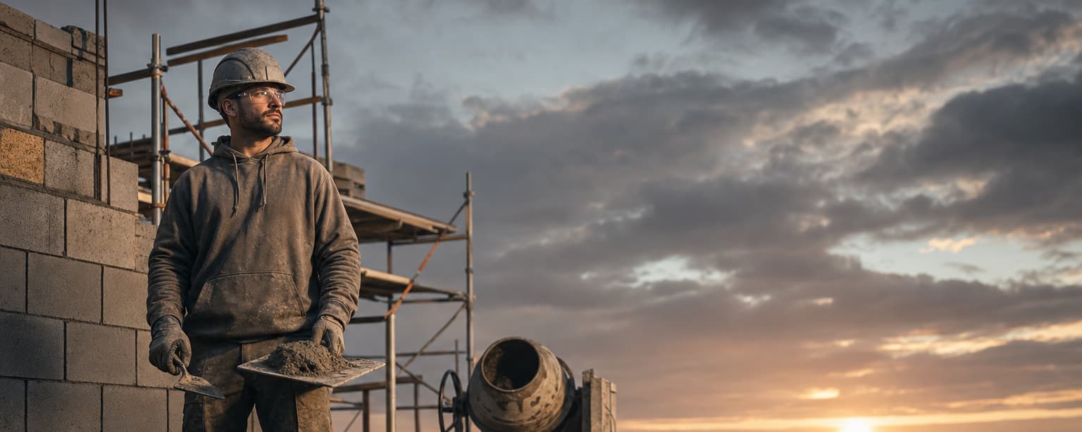 A mason in a dusty hooded sweatshirt and knee pads standing at a partly built concrete block wall with a mortar board and trowel, scaffold frames and a mixer behind at golden hour