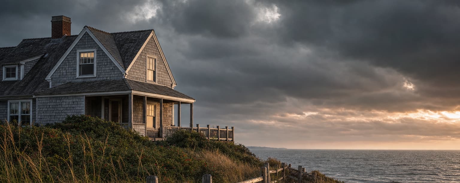 A Cape Cod shingled house on a dune behind a weathered fence, one window lit, storm clouds building over gray water at dusk