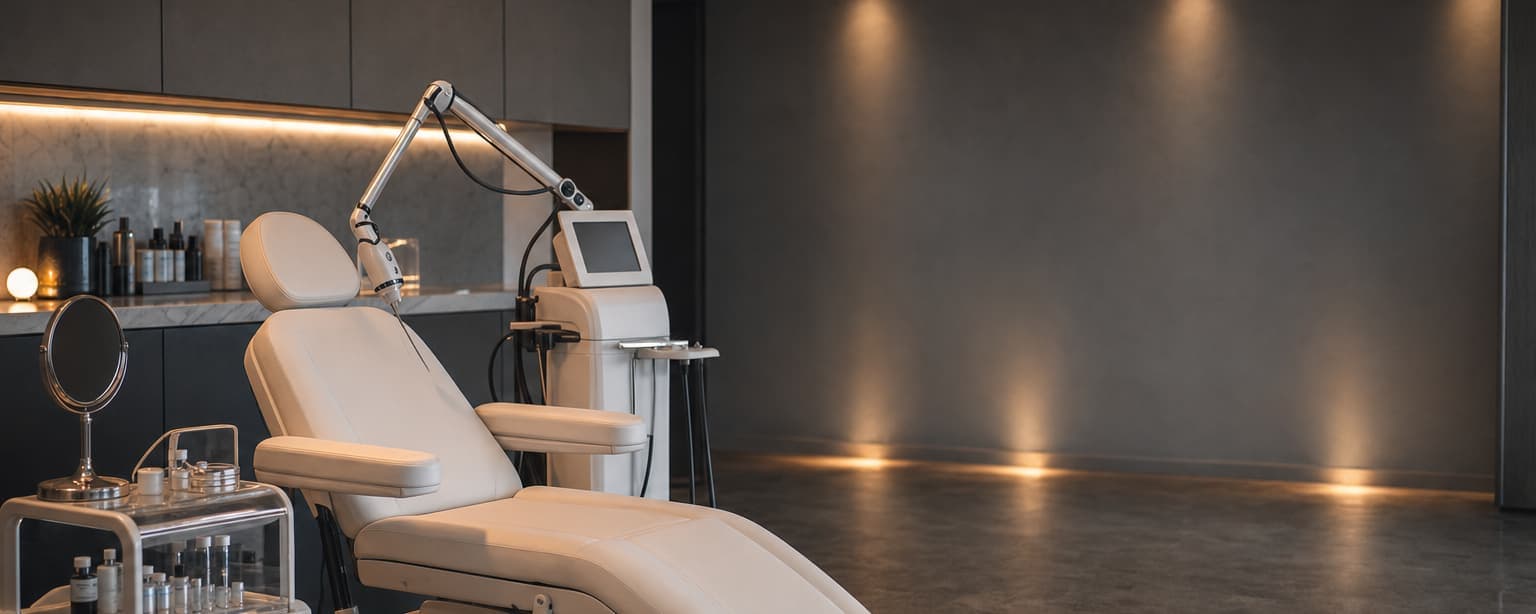 A med spa treatment room, a clinical recliner with an aesthetic energy device on an articulated arm beside it, a covered tray of syringes and vials on a cart and a hand mirror