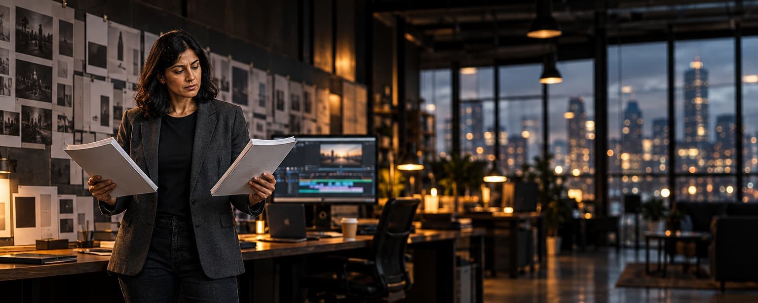 An agency owner in a charcoal blazer standing in a dim creative studio at dusk, holding a printed document in each hand and comparing them, a wall of pinned photo proofs and a monitor showing a video edit timeline behind her, city lights through tall windows