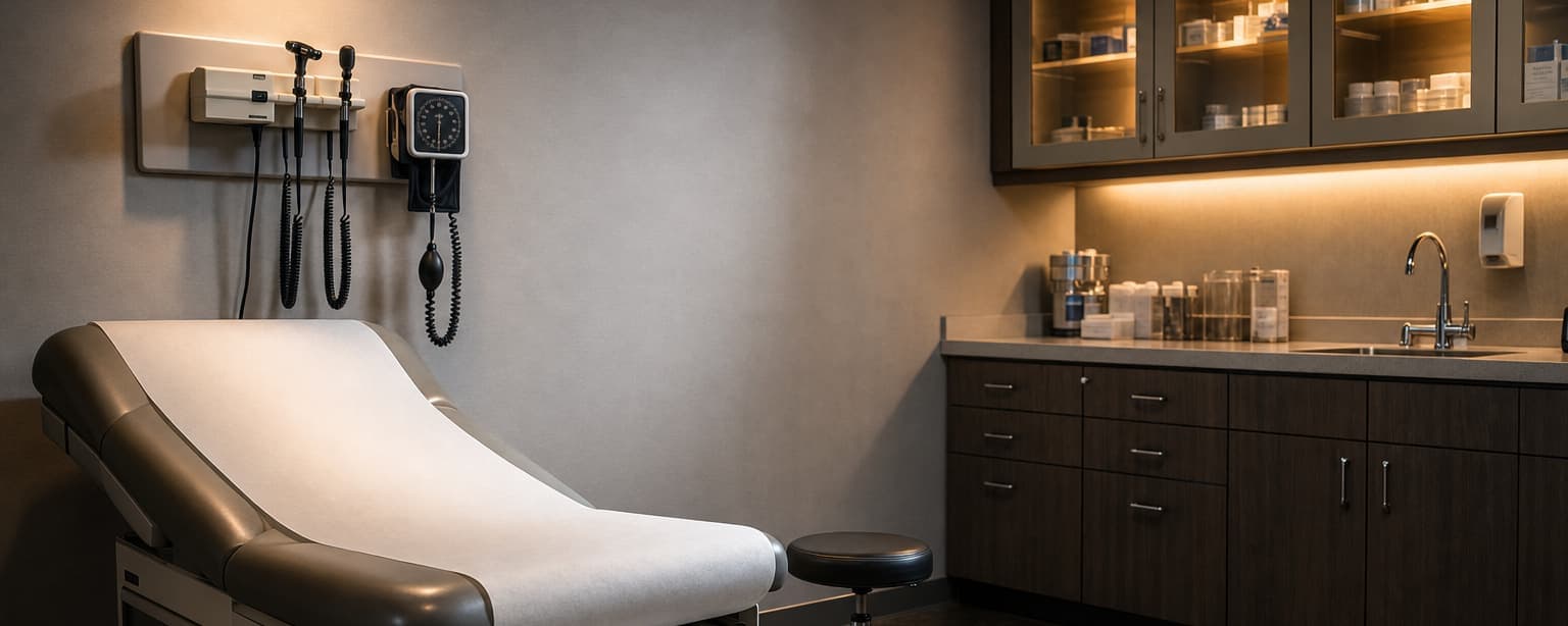 A medical exam room after the last patient, the table freshly papered, an otoscope and blood pressure cuff on the wall rail, a rolling stool and lit cabinet glass