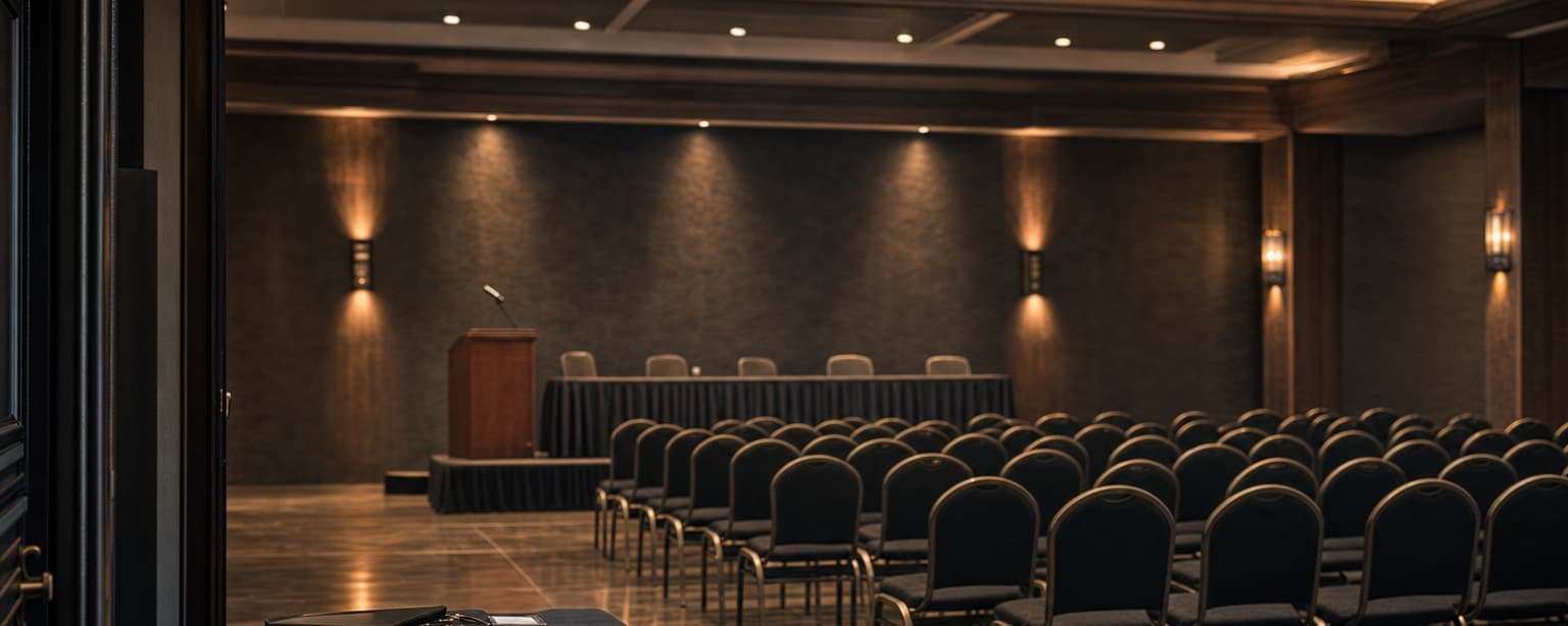 An association meeting hall set for a members’ meeting, rows of chairs facing a head table with a lectern and a microphone, name badges laid out on a table by the entrance