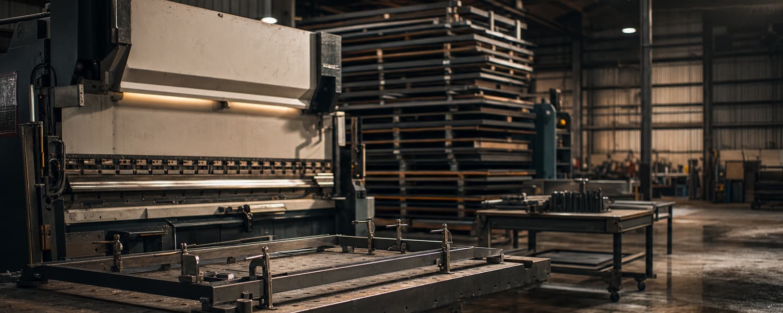 A metal fabrication shop, a press brake beside racked steel sheet stock and a partly welded frame clamped on a layout table under high bay lights