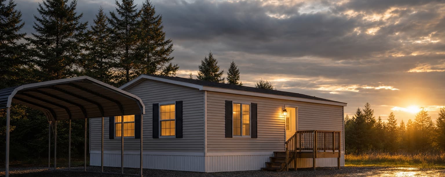 A manufactured home at sunset with a metal carport alongside, lit windows and a wooden porch step, pines behind