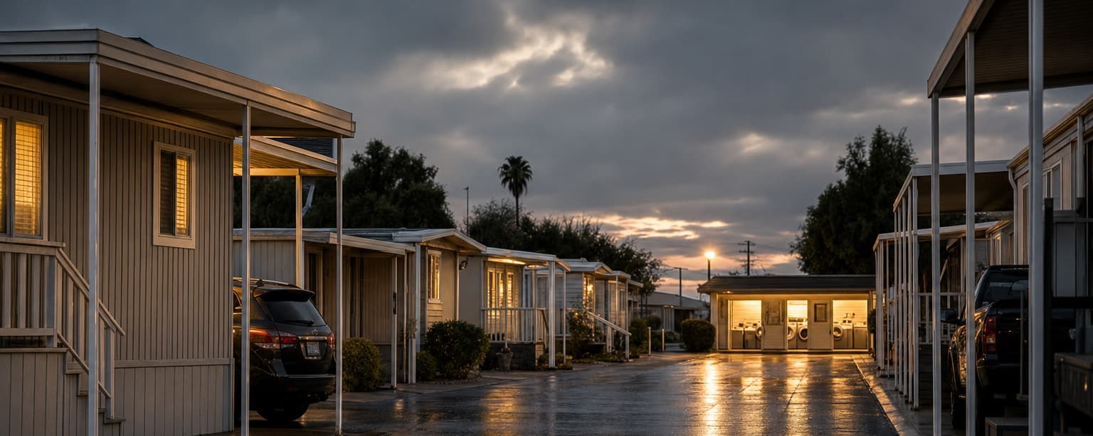A mobile home park street at dusk, manufactured homes with carports and skirting down both sides and a lit shared laundry building at the end of the row