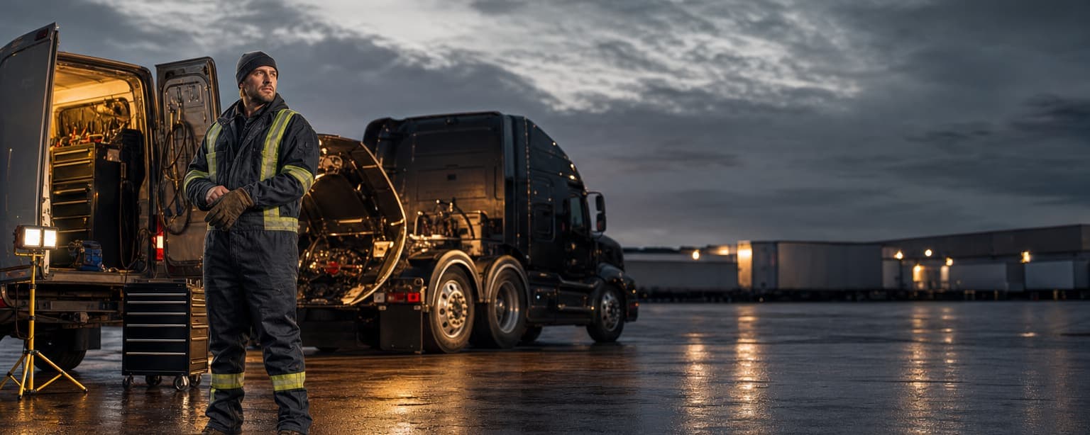 A mobile mechanic’s service van with its rear doors open on a truck yard at dusk, a work light on a stand under a tractor unit and a rolling toolbox on the ground beside it