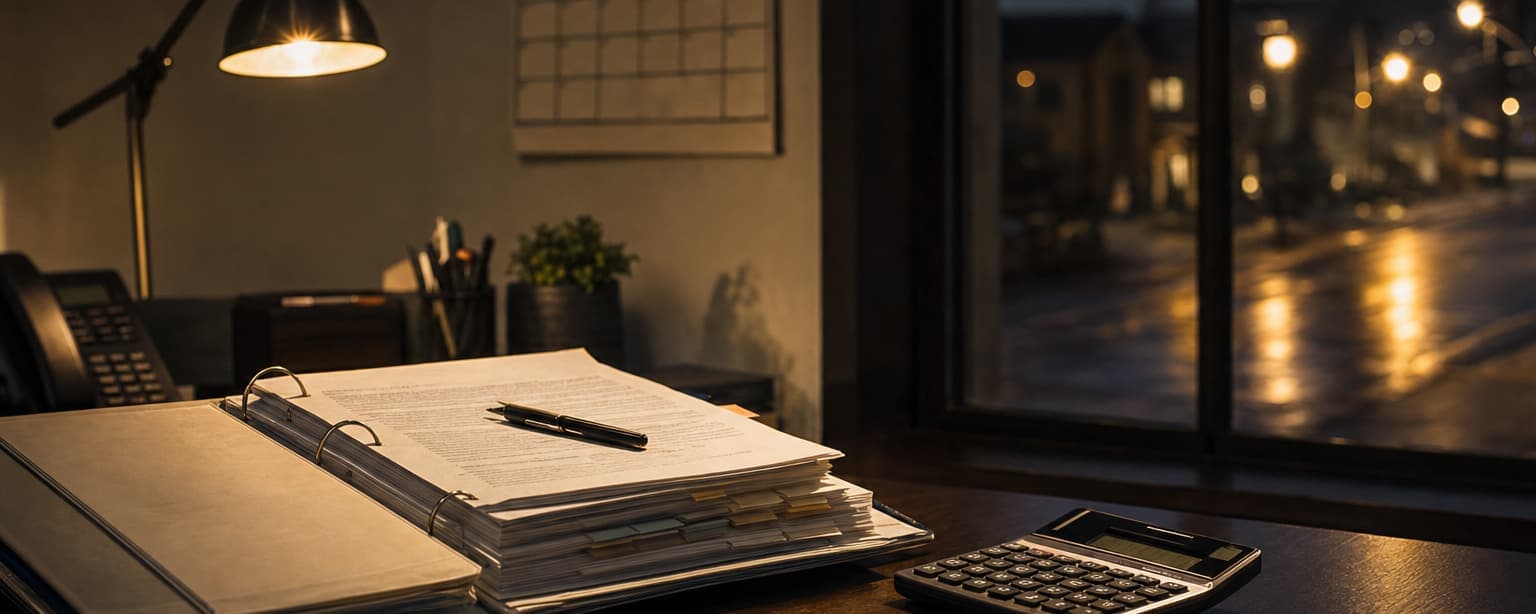 A mortgage broker’s desk at night, a thick loan file open with tabbed dividers, a calculator and a wall calendar of closing dates and the street lit through the office window