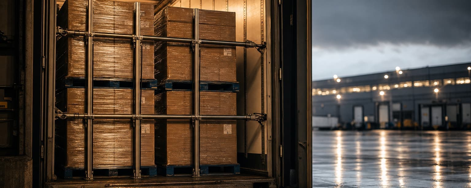 The open rear of a trailer loaded with stacked and strapped cartons at a lit dock, other bays visible across the wet yard