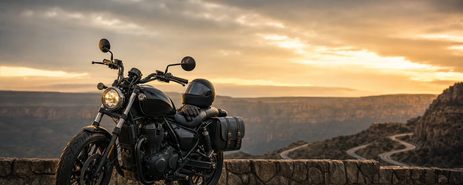 A motorcycle parked at a canyon overlook at sunset with the road winding away below