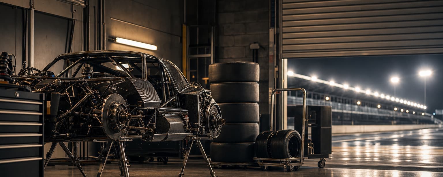 A race car in a paddock garage at night with its bodywork removed and on a stand, stacks of tires and a tool cart alongside and pit lane lights through the open roller door